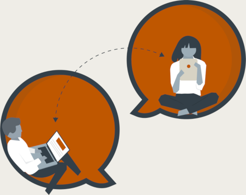Illustration of two persons communicating virtually with laptops