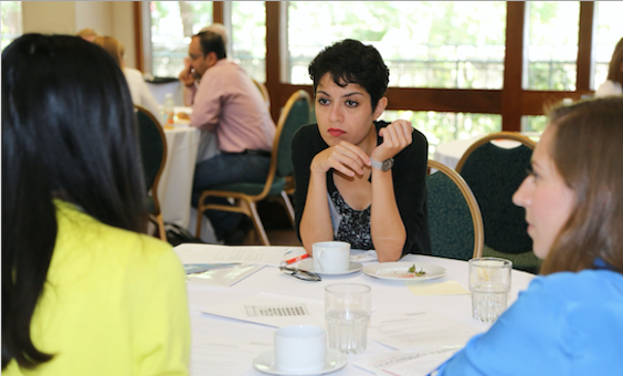 Gathering of faculty around a table in discussion.