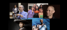 This collage features members of a diverse cohort in various settings. One image shows a man teaching with a recorder, while another captures a smiling group of five people. There’s also a candid shot of a bald man, a dramatic theater scene, and a portrait of a man in a mariachi outfit. The images reflect creativity, collaboration, and cultural expression.
