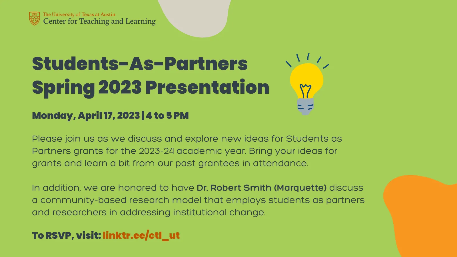 Students-As-Partners Spring 2023 Presentation information with a green background and a yellow lighbulb graphic