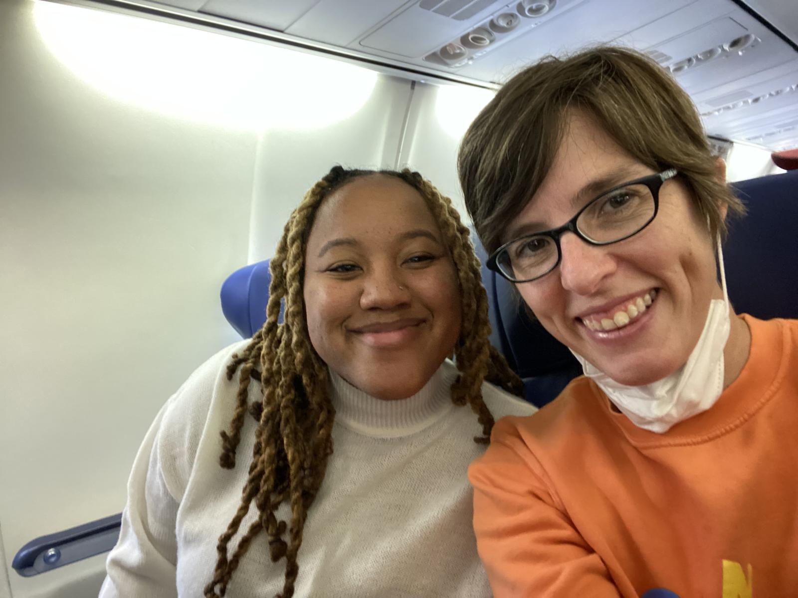 Chazzi and Molly on the airplane to Pittsburgh