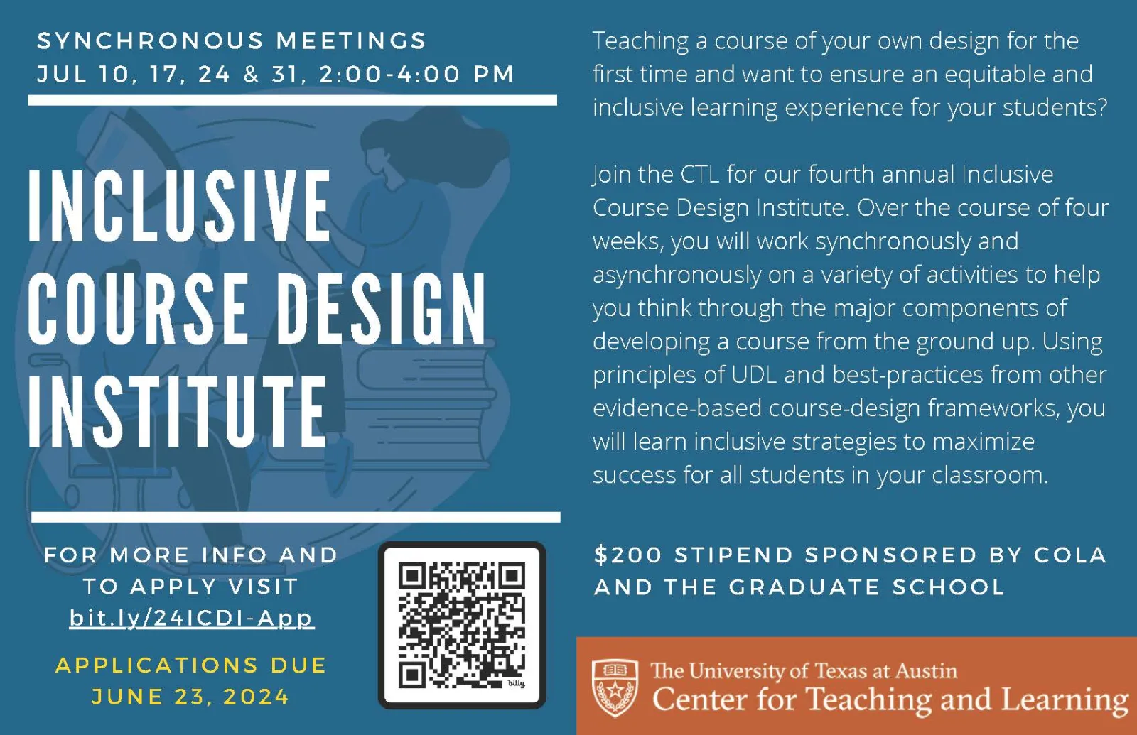 Inclusive Course Design Institute Application Invitation Blue flyer with qr code.