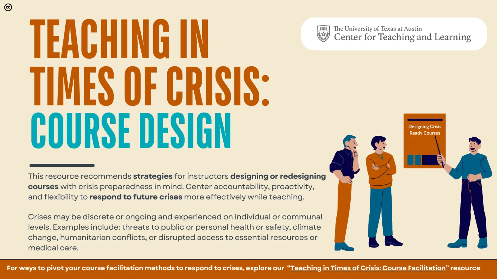 Cover page of teaching in times of crisis: course design resource from CTL with text description and three illustrated figures gathered around a poster