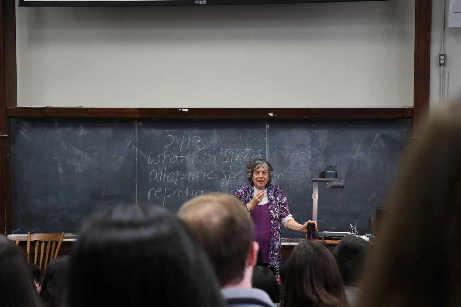 Instructor teaching class in front of chalkboard