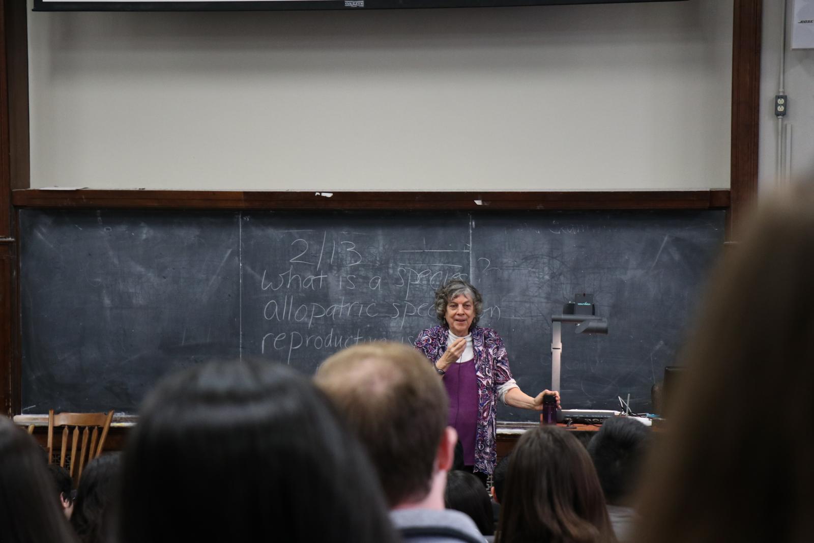 Instructor teaching class in front of chalkboard