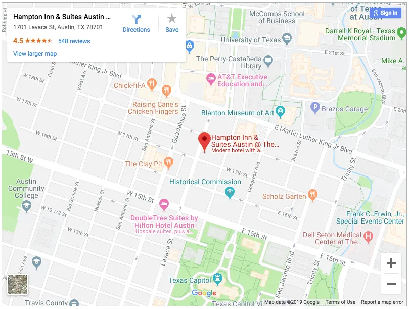 Map to Hampton Inn and Suites UT Austin and Capitol