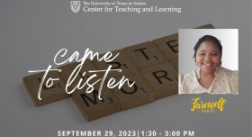 Came to Listen event Sept 29 1:30-3:00pm is printed. There are wooden letter squares in the background that spell out "Listen More". A profile photo of a smiling inidividual appears on the right with the words "Farewell Party" in yellow below.
