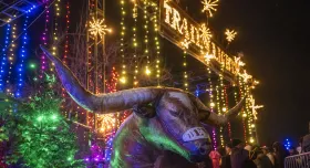 Blow up bevo balloon in front of Christmas light show 