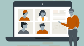 UT online teaching illustration with instructor in front of laptop with student images 