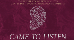 Maroon background with a an ear drawn in silver and the text at bottom that reads "Came to Listen"