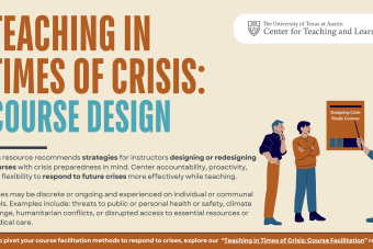 Teaching in Times of Crisis: Course Design in burnt orange and teal text. Cover page for resource with illustration of three standing individuals