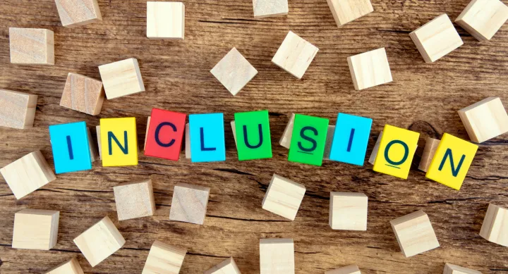 An image of a collection of brightly colored wooden blocks that spell out "inclusion" surrounded by plain wooden blocks 