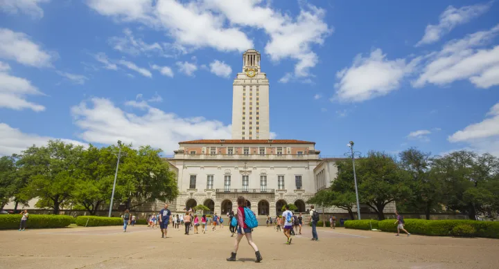 UT Tower and Main Campus, Students Walking 