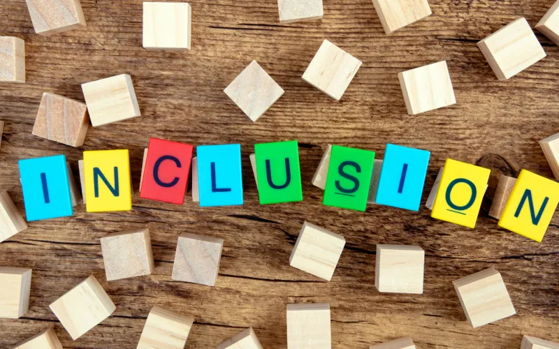 An image of a collection of brightly colored wooden blocks that spell out "inclusion" surrounded by plain wooden blocks 