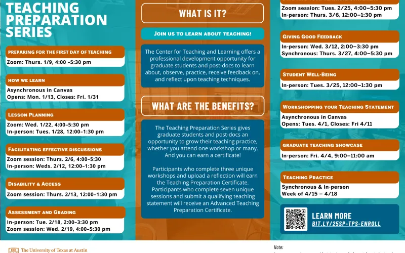 2025 spring schedule for the Teaching Preparation Series. Plain text and PDF versions are linked below. 